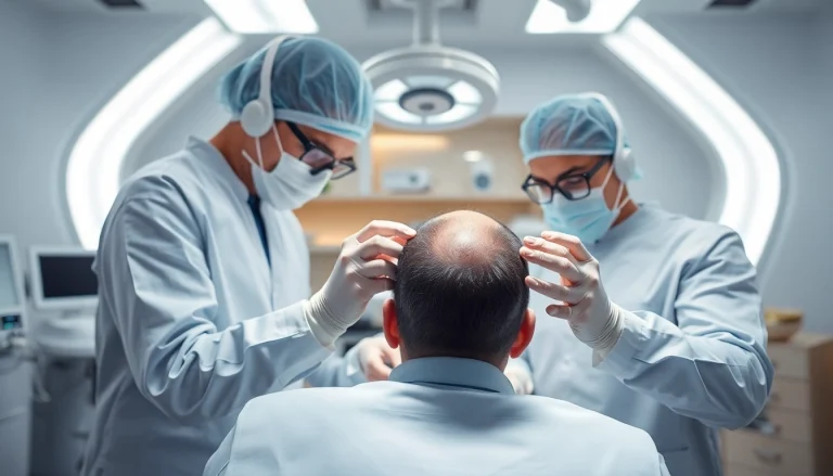 Performing a hair transplant uk procedure in a modern clinic setting.