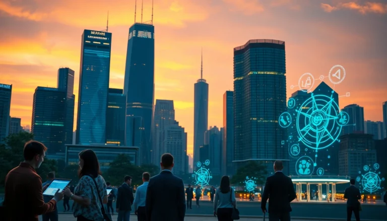 Digitale Zukunft mit Menschen, die interaktive digitale Interfaces in einer futuristischen Stadt nutzen.