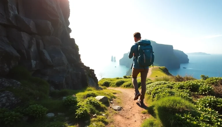 Irland wandern auf einer malerischen Küstenstrecke mit atemberaubenden Klippen im Hintergrund.