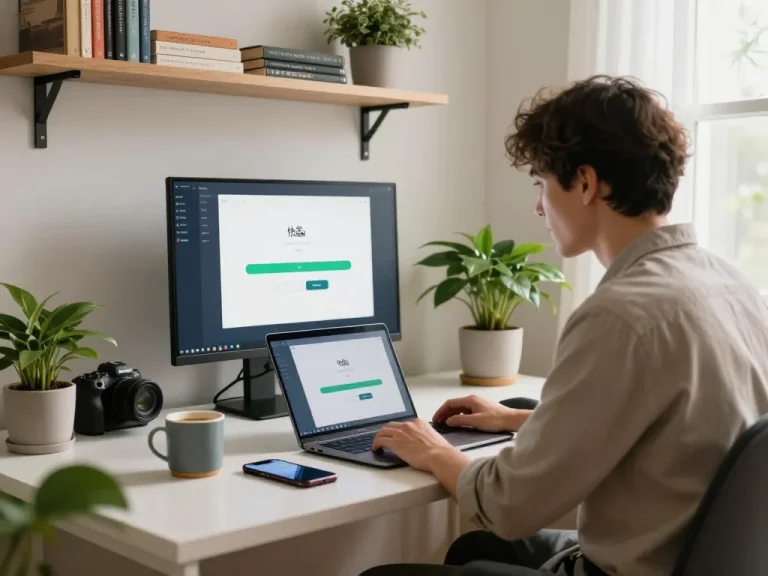 用户在明亮的家庭办公室中安装快连 VPN，展示现代科技设备。