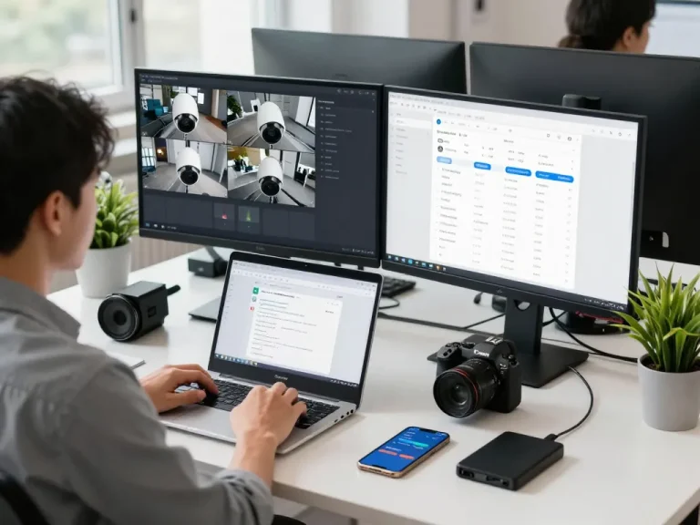 Arbeitsbereich für E-Mail-Management und Überwachungs-Konfiguration mit einem IT-Experten an Dual-Monitoren mit Synology-Software.