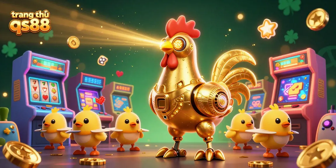 Experience the excitement of gaming at trang chủ qs88 with a dynamic 3D illustration of a golden rooster robot and chick drones.