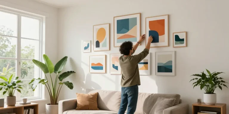 Moderne Wandbilder in einem stilvollen Wohnzimmer, die kreatives Dekorieren zeigen.