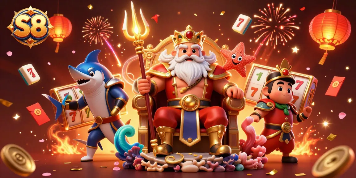 Spin the S8 slot reels with excitement, featuring a luxurious illustration of Neptune and friends.