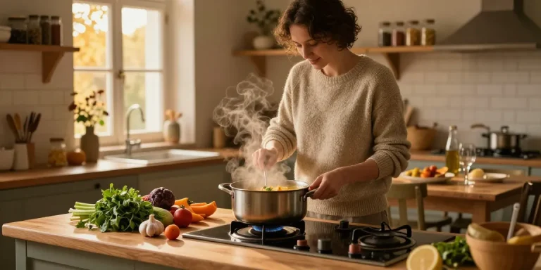 Delicious Klare Suppe Zutaten auf einer rustikalen Küchenarbeitsplatte, die Wärme und Komfort hervorhebt.
