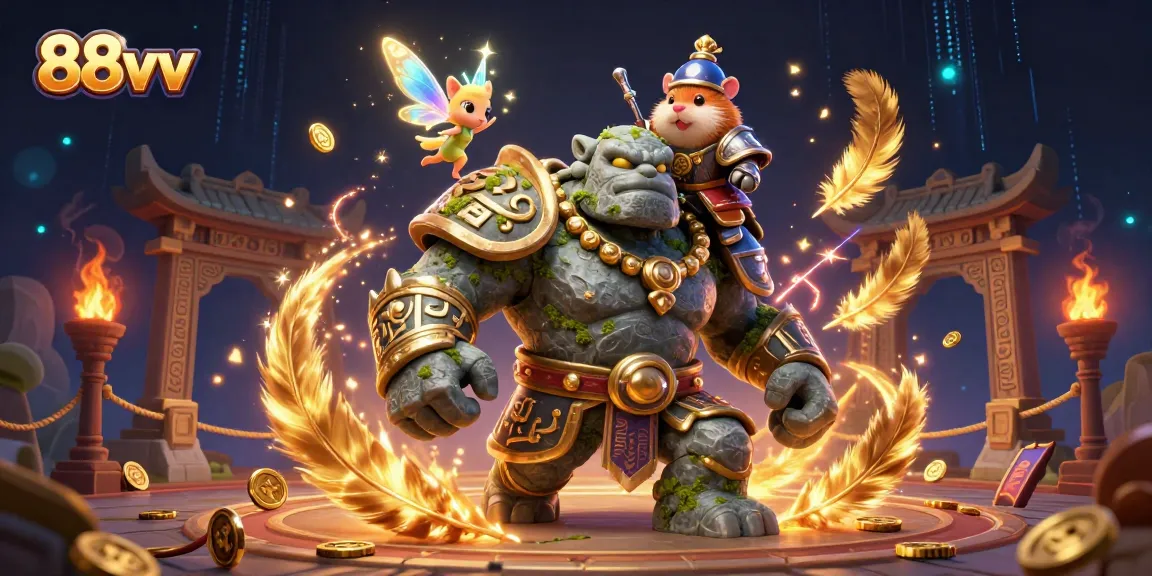 Experience thrilling gameplay with 88vv in an epic casino scene filled with golems and magical elements.