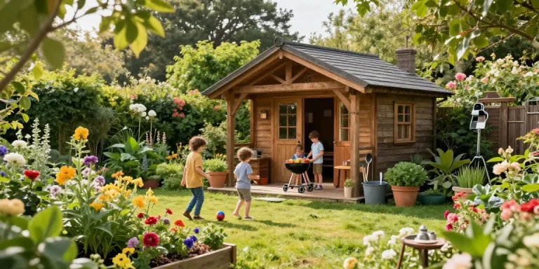 Gemütliches Gartenhaus im blühenden Garten mit Familie beim Grillen und Kindern, die spielen.