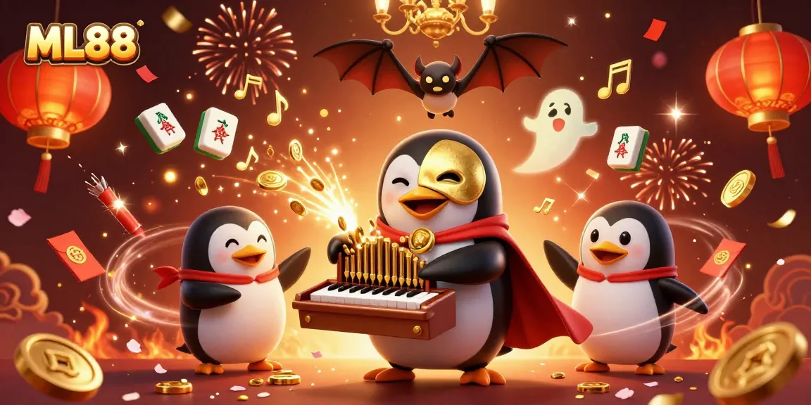 Engage with ML88's vibrant gaming scene, featuring a penguin organist amidst floating casino elements.