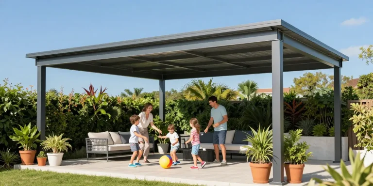 Eine Terrassenüberdachung schützt die Familie an einem sonnigen Tag, während Kinder auf der Terrasse spielen.