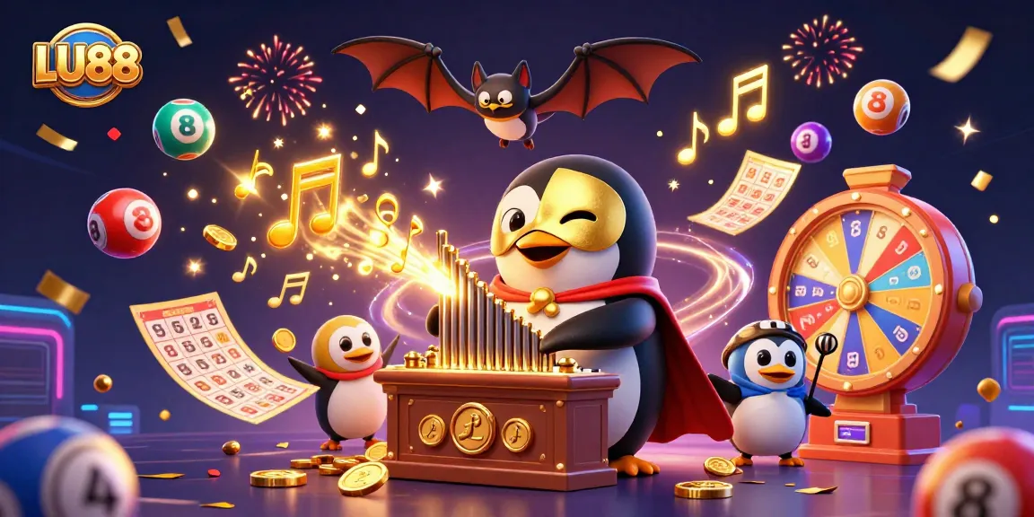 LU88 showcases a vibrant gaming scene with a phantom penguin and bat acrobat, celebrating casino fun.