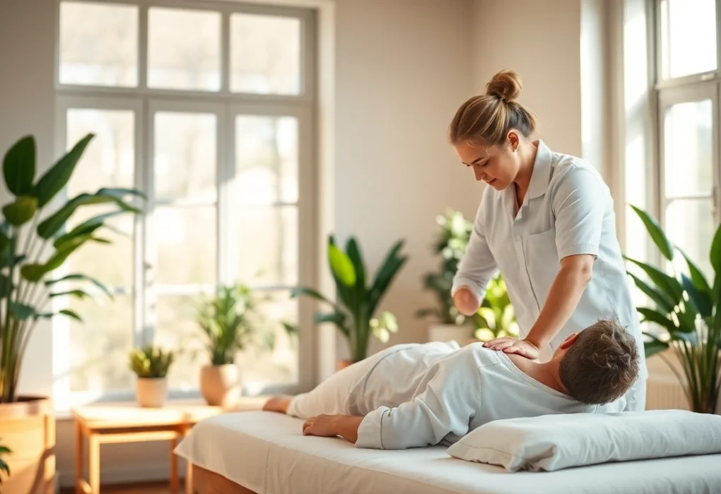 Erfahrene Osteopathie Kiel in ruhiger Praxis mit Patient und natürlichen Elementen.