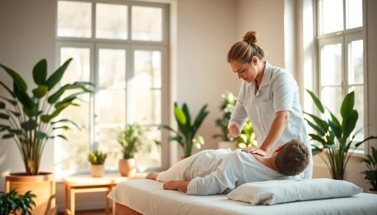 Erfahrene Osteopathie Kiel in ruhiger Praxis mit Patient und natürlichen Elementen.