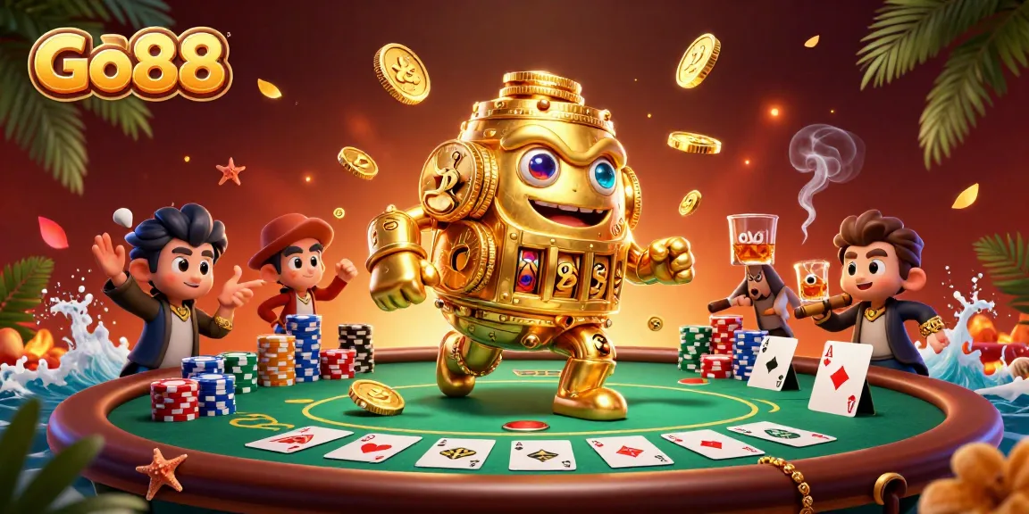 Experience high-stakes gaming with Go88’s vibrant casino atmosphere, showcasing a golden golem amidst poker action.