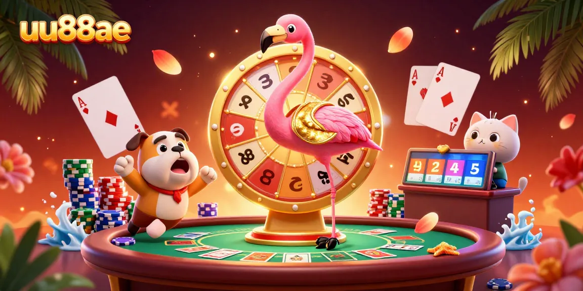 Exciting scene of a gambling game show with the uu88ae brand logo, showcasing vibrant characters and casino elements.