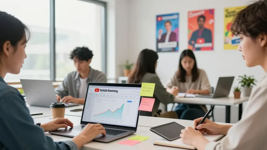 Professioneller Marketer plant Strategien für YouTube Views kaufen am Schreibtisch in modernen Büro.