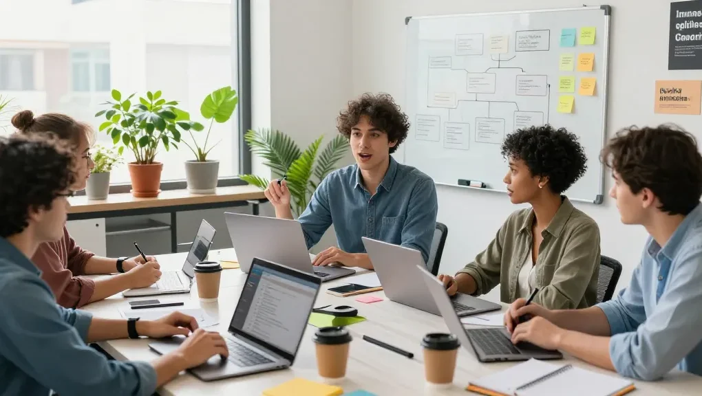 Build internal tools with AI in a collaborative office setting with a diverse team discussing software solutions.